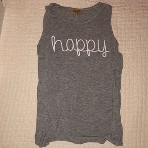 Gray “happy” Tank in Cursive/Script White Letters